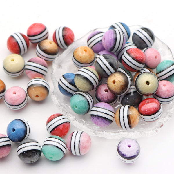 5Pcs Mixed Colors Acrylic Beads Striped Tie Dye Pattern Round Loose Spacer Beads with Hole for Jewelry Making DIY Bracelet Necklace Chain Earrings Charm Bangle Decors Craft Supplies