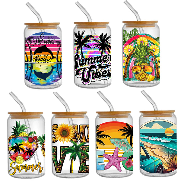 1pc UV DTF Cup Wrap Decals summer beach Series Design For Any Hard Surface, UV DTF Transfer Sticker Waterproof Sticker For Libbey Glass Cups Tumbler Furniture Craft Wood DIY Crafts