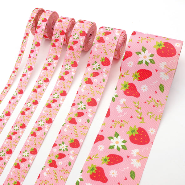 Multi-Size, Strawberry Floral Print Grosgrain Ribbon Roll - 5 Yards, Assorted Sizes (9mm/16mm/22mm/25mm/38mm/75mm) for DIY Crafts, Hair Bows, Wedding & Party Decorations