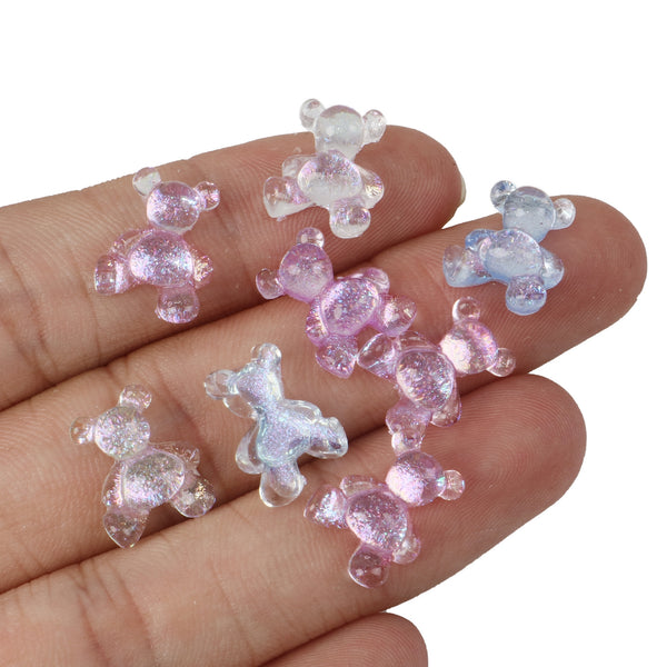 50Pcs Pearlescent Glitter Transparent Bear Shape Nail Charms Acrylic Beads Cabochon For Crafts Flatback for DIY Nail Decoration Colors and Designs