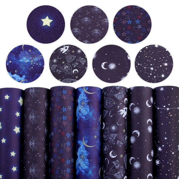 7-Piece Star Moon Blue and Black Series Space Faux Leather Sheets Set - 7.87x12.99 inch Smooth Textured Synthetic Leatherette for DIY Earrings and Bow Crafts