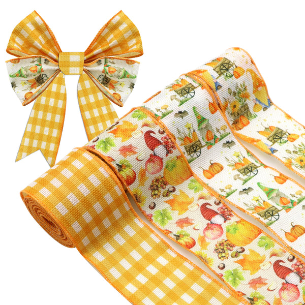 1 Roll 2.5 Inch X 5 Yards/roll Fall Autumn Series Pumpkin Leaves Gnome Plaid Printed Decorative Imitation Burlap Wire Edge Ribbon Home Decoration For DIY Gift Box Packaging Bowknot Craft Material