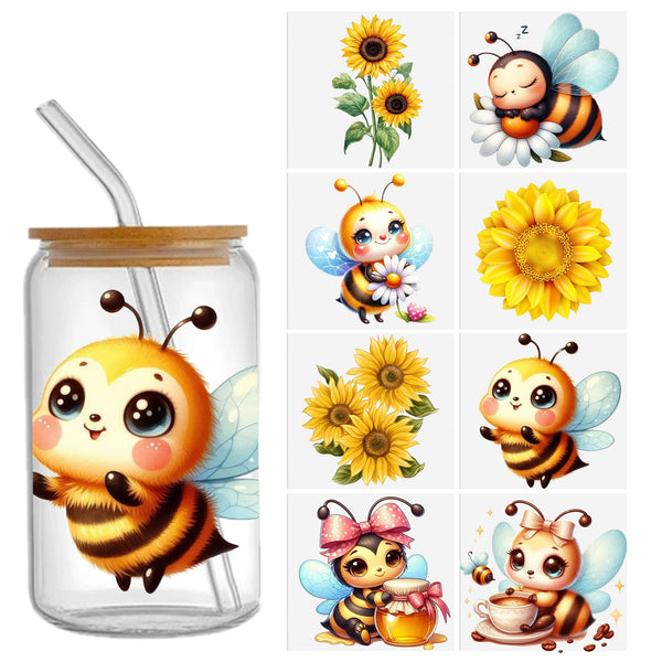 8pcs/set Uv Dtf Transfer cute Bee sunflower Design Sticker Libbey Glass Cups Diy Wrap Transfer Sticker Glass Cup Waterproof Sticker Bottle Sticker Adhesive Sticker-High Quality  For 16oz