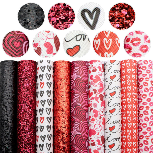 9Pcs/set Valentine's Day Theme Faux Leather Sheets 7.87x12.99inch Heart Love Lips Printed Synthetic Leather Fabric for DIY Earrings Bows Crafts Festival Decorations