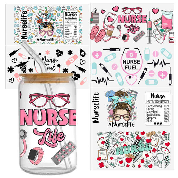 6pcs/set Uv Dtf Transfer Nurse Design Sticker Libbey Glass Cups Diy Wrap Transfer Sticker Glass Cup Waterproof Sticker Bottle Sticker Adhesive Sticker-High Quality 9.5inch*4.3inch For 16oz