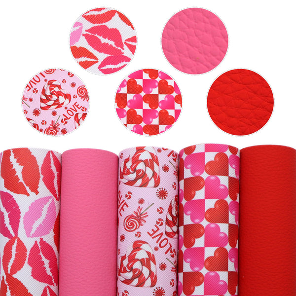 5Pcs/set Valentine's Day Theme Faux Leather Sheets 7.87x12.99inch Heart Love Lips Printed Solid Color Synthetic Leather Fabric for DIY Earrings Bows Crafts Festival Decorations