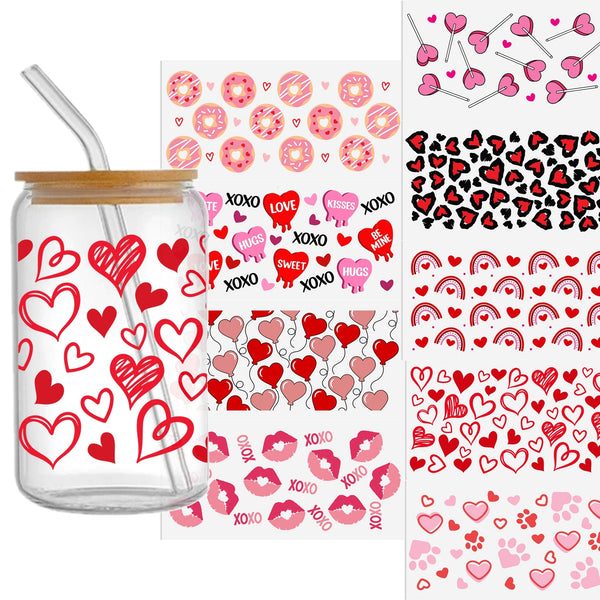 9pcs/set Uv Dtf Transfer Valentine's Day Design Sticker Libbey Glass Cups Diy Wrap Transfer Sticker Glass Cup Waterproof Sticker Bottle Sticker Adhesive Sticker-High Quality 9.5inch*4.3inch For 16oz