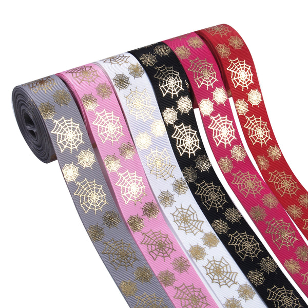 1 Roll, 0.87Inch/22mm X 5 Yards/roll Halloween Gloden Spider Web Foil Printed Grosgrain Ribbon For Gift Wrapping Ribbon Holiday DIY Craft Ribbons For Home Party Halloween Decor