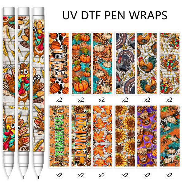 24pcs/set UV DTF Thanksgiving Turkey Maple Pumpkin series Pen Wrapping Decals UV DTF Vinyl Stickers Waterslide Epoxy Pen Wrapper For Craft Pen Gift