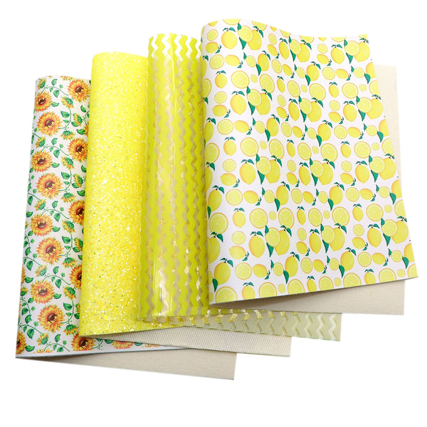 Sunflower lemon stripe Faux Synthetic Leather Set 4piece/set 7.7*12.9inch Fabric Sheets For DIY Bows Leather Crafts Handmade Material