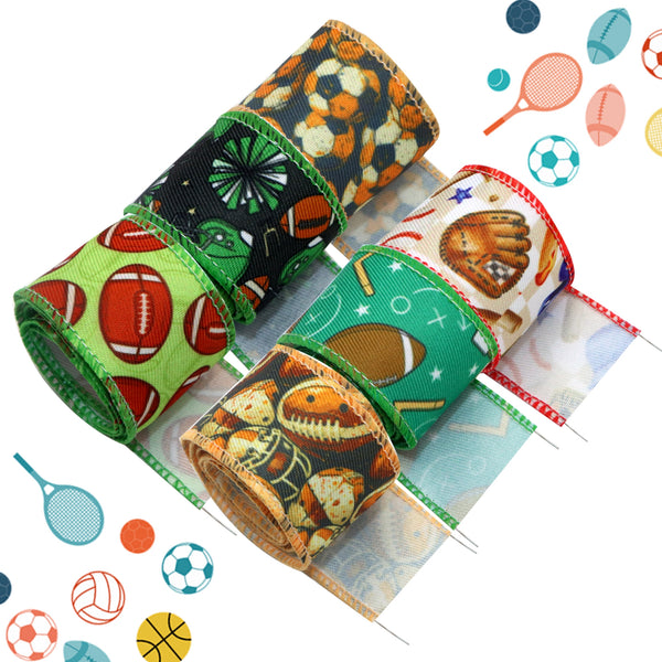 1 Roll, 1.5 Inch X 5 Yards/roll Sports Series Rugby Football Printed Polyester Twill Fabric Wired Edge Ribbon Party Decoration For DIY Gift Box Packaging Bowknot Craft Material