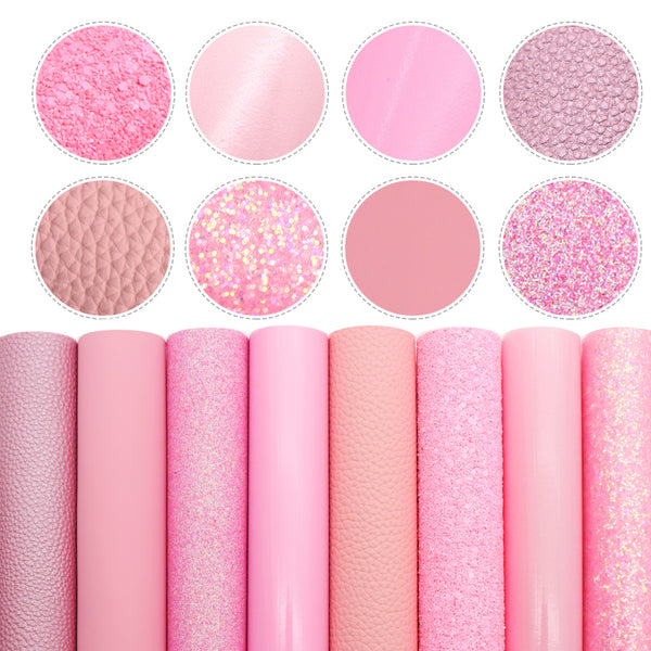 20x33cm 8Pcs/set Faux Leather Set Pink Series Solid Color Shimmer Chunky Fine Glitter Synthetic Leather Fabric Sheets for DIY Earrings Hair Bows Crafts Supply