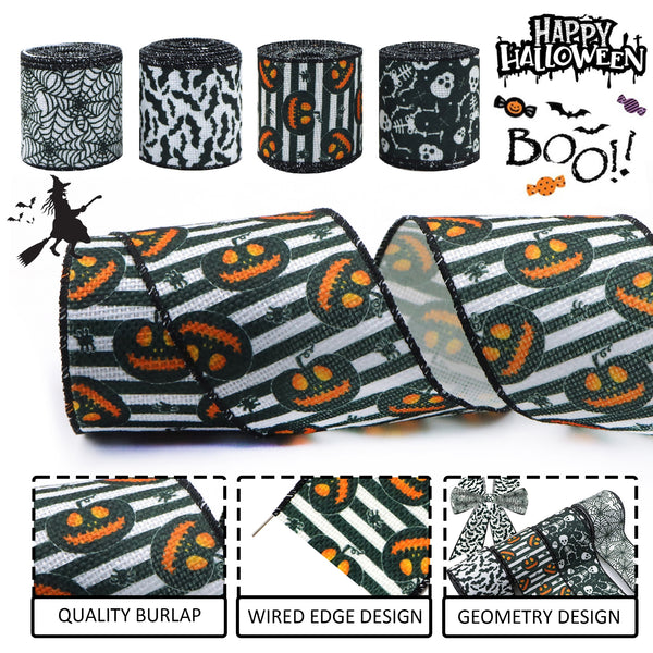 1 Roll, 2.48 Inch X5Yards Halloween Wired Edge Ribbon For Wreaths Bat Spider Web Pumpkin Skull Print Craft Ribbon for Halloween Bows Garlands Party Decorative Ribbon Supplies