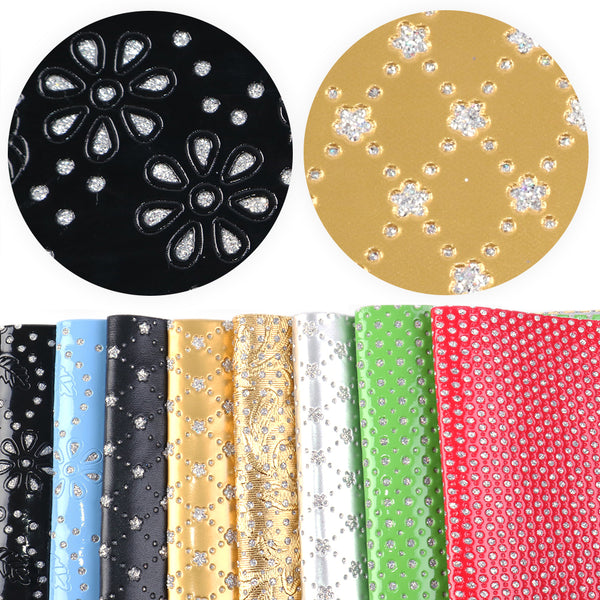 8Pcs/Set 7.87x12.99inch Bump Textured Faux Leather Set Punching Hollow Shimmer Glitter Solid Color Synthetic Leather Fabic Sheets for DIY Earrings Hair Bows Crafts Projects