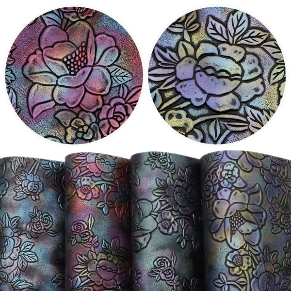 4pcs Bump Textured Faux Leather Set Blossom Flowers 7.87x12.99inch Synthetic Leather Fabric Sheets Gradient Metallic Color for Earrings,Bags,Phone Case,Pencil Case,Wallet,Handbags,Making DIY Craft,Hair Accessories DIY Projects