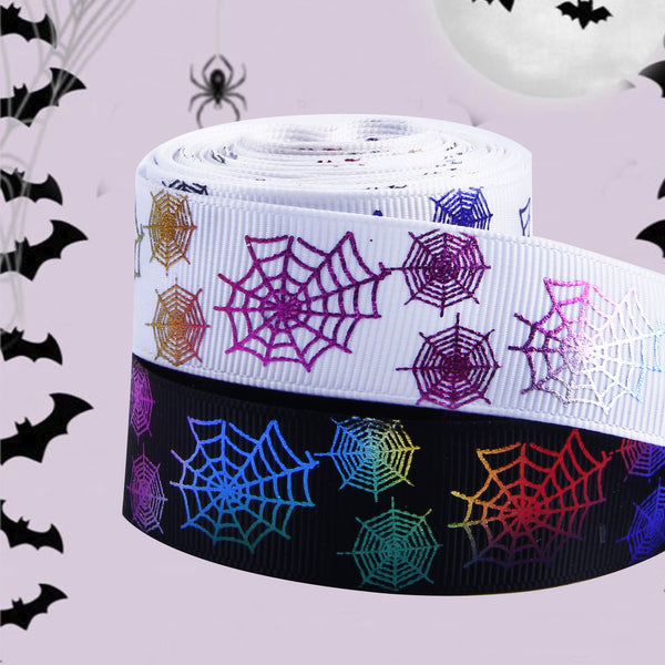 1 Roll, 0.87Inch/22mm X 5 Yards/roll Halloween Colorful Spider Web Foil Printed Grosgrain Ribbon For Gift Wrapping Ribbon Holiday DIY Craft Ribbons For Home Party Halloween Decor