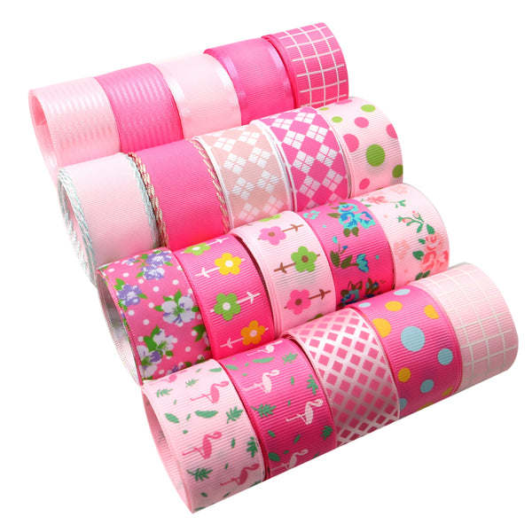 5 Yards of 25mm/1inch Flower Flamingo Plaid Printed Polyester Ribbon for Gift Wrapping, Wedding, Party Decoration, DIY Hair Bows and Crafting Projects