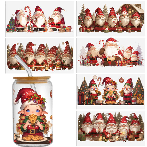 6pcs Christmas  3D UV DTF Transfer Crystal Stickers  For 16 Ounce Libbey Packaging Cups, 3D Christmas Gnomes Design Wraps Stickers For The Beer Glass,  Glass Cup Sticker Bottle Sticker, Adhesive Sticker-High Quality  4.3inx9.4in