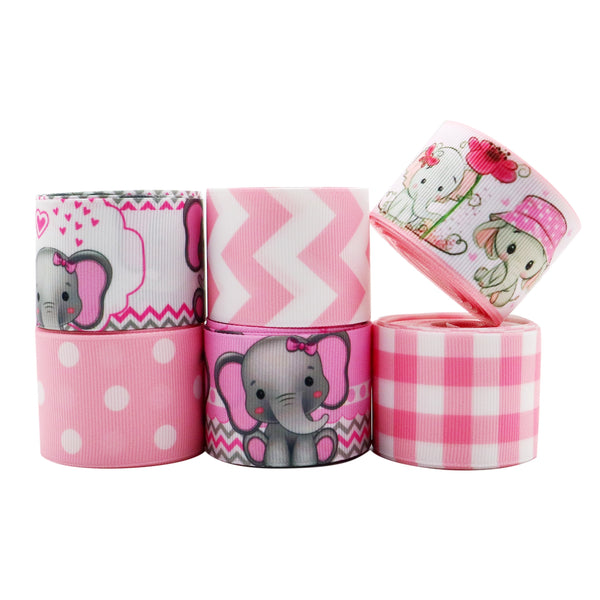 6 Rolls, 1.5Inch/38mm X 5 Yards/roll Pink Series Elephant Printed Grosgrain Ribbon Set For Gift Wrapping Ribbon Holiday DIY Craft Ribbons For Home Party Decor