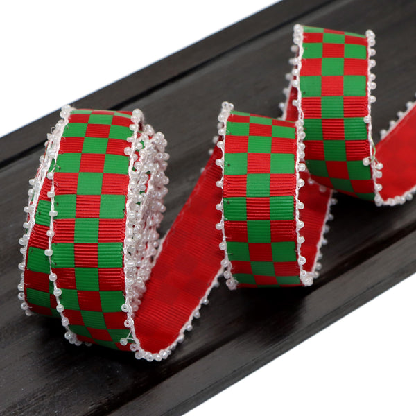 5yards Christmas Plaid Print Grosgrain Ribbon 22mm Wide Pearl Edge Ribbon Roll for Wreaths Gift Wrapping Party Decoration DIY Hair Bows Crafts Headwear Accessories