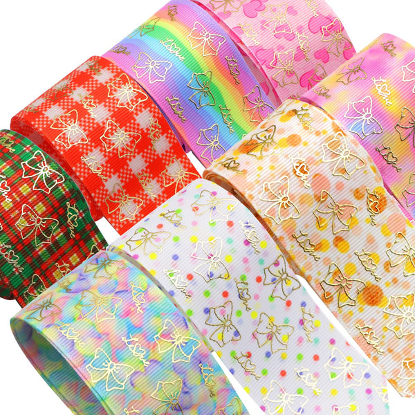 1 Roll, 1.5Inch/38mm X 5 Yards/roll Golden Bowknot Love Foil Printed Double Side Grosgrain Ribbon For Gift Wrapping Ribbon Holiday DIY Craft Ribbons For Home Party Christmas Wedding Decor