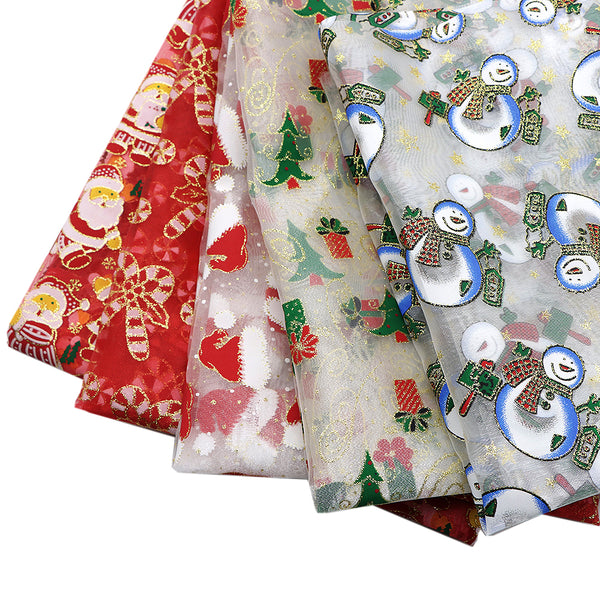 1pc 57x19.68inch (50*145cm) Santa Claus Snowman Christmas Crutch Series Pattern Quilting Glitter Organza Mesh Gauze Fabric Craft Fabrics DIY Handmade Projects Doll Clothes Fabric Precut For Patchwork Craft