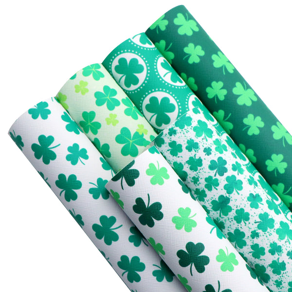 6Pcs/set St. Patrick's Day Faux Leather Sheets 7.87x12.99inch Cross Textured Shamrock Clover Printed Synthetic Leather Fabric for DIY Earrings Bows Crafts Projects Festival Decorations