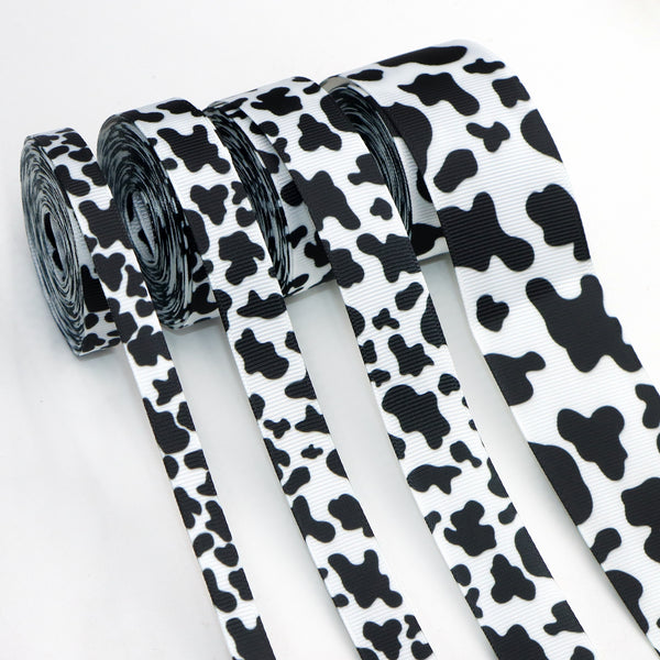 4 Rolls, 5 Yards/roll 9mm/16mm/22mm/38mm Cow Printed Grosgrain Ribbon Set Black And White Cow Spot Pattern Ribbon For Gift Wrapping Ribbon Holiday DIY Craft Ribbons For Home Party Decor