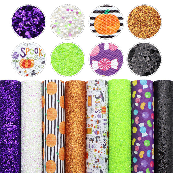 8Pcs/set 7.87x12.99inch Halloween Theme Faux Leather Set Synthetic Leather Sheets PVC Material Printed for DIY Earrings Hair Bows Crafts Projects