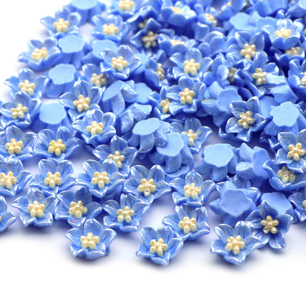 10pcs Pearlescent Blue Flower Shape 3D Acrylic Resin Cabochon Charms Ornament DIY Creative Phone Shell Case Keychain Fridge Patches Decors Accessories