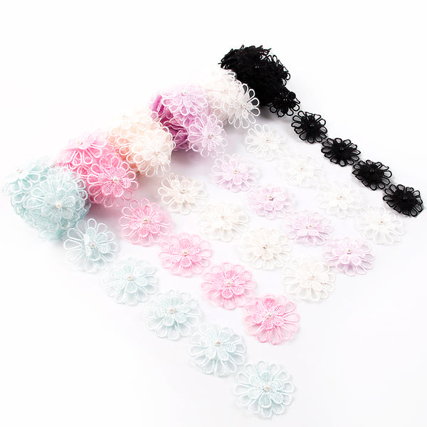 1 Yard Flower Pearl Beaded Embroidered Flower Lace Ribbon Beaded Fringe Fabric Underwear Clothing Curtain Wedding Dress Sewing