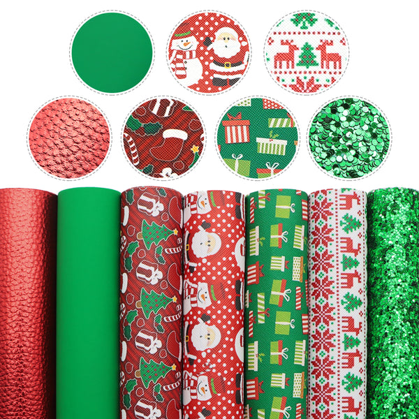 Christmas Theme Faux Leather Set Deer Santa Claus Gifts Printed Synthetic Leather Fabric Sheets 7Pcs/set 20x33cm for DIY Crafts Projects Handbags Pouches Crafts