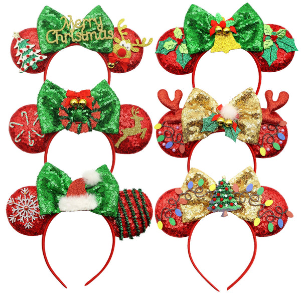 1Pc Adorable Christmas Festive Ears Sequined Headband with Bows-Snowflake,Reindeer,Holly Shaped Decorations Sparkly Bow Hair Band with Ears Hair Hoop,One-Size-Fits-Most,Comfortable