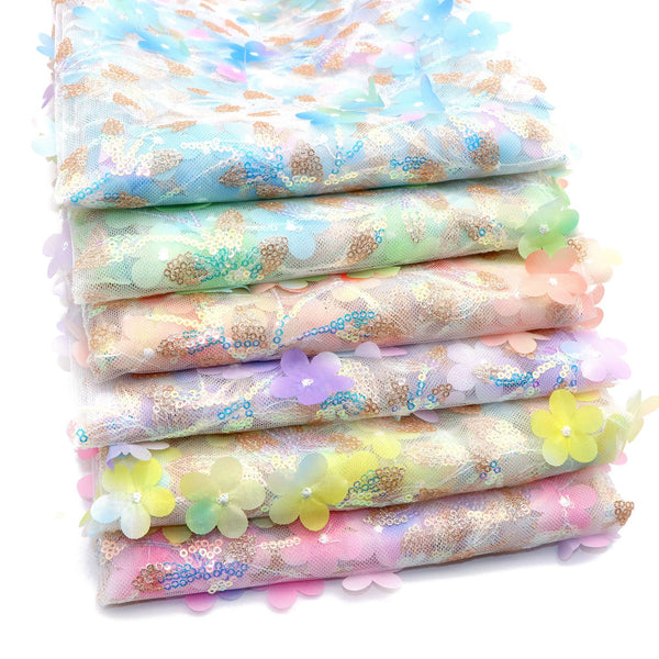 51x19.68inch (50x130cm) Rainbow Color 3D Applique Gradient Flowers Mesh Lace Fabric - Sewing Accessories