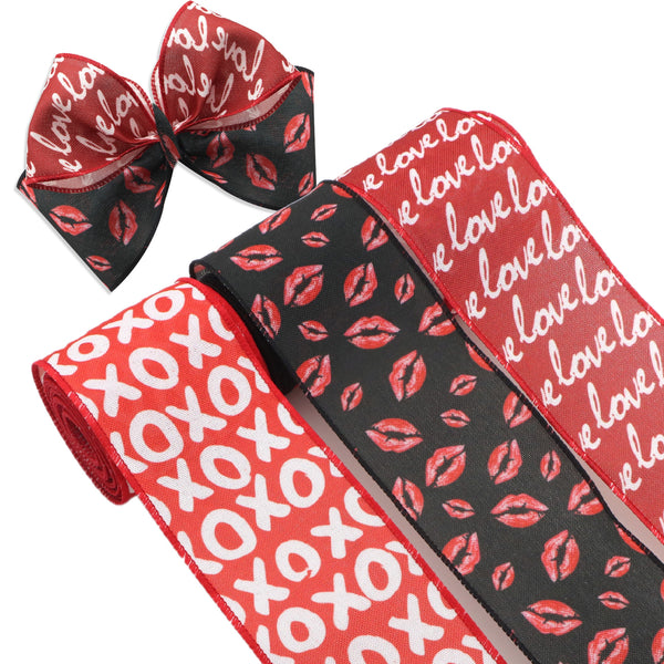 3 Rolls 2.5 Inch X 5 Yards/roll Valentine's Day Love Red Lips Printed Decorative Imitation Linen Wire Edge Ribbon Home Decoration For DIY Gift Box Packaging Bowknot Craft Material