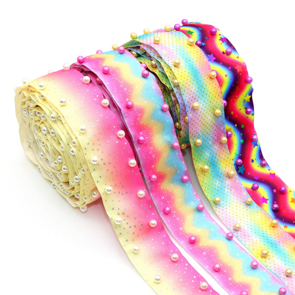 1 Roll 5 Yards 1.5inch/38mm Rainbow Gradient Color Pattern Pearl Beads Grosgrain Ribbons For Gift Wrapping Hair Bow Party Holiday Decor Craft Supplies