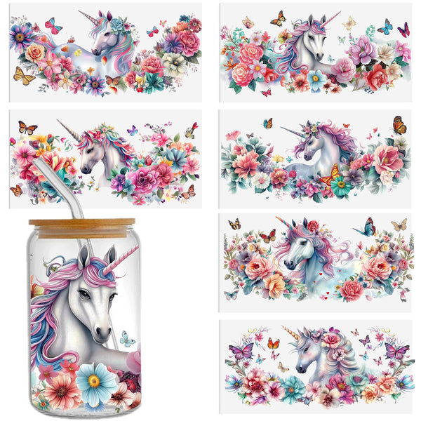 6pcs/set UV DTF Cup Wrap Decals Unicorn Flower Series For Any Hard Surface, Scratch-Resistant Decals With Vibrant Colors & UV DTF Transfer Sticker Waterproof Sticker For Libbey Glass Cups 16OZ-20OZTumbler Furniture gift Craft Wood DIY Crafts cup