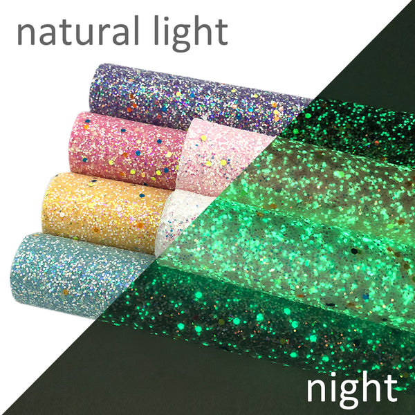 6Pcs/Set Glow in the Dark Faux Leather Set 7.87x12.99inch Shimmer Chunky Glitter Sequins Synthetic Leather Fabric Sheets for DIY Earrings Hair Bows Crafts Projects