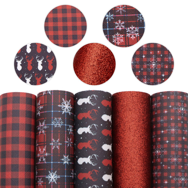 5pcs/set 7.87x12.99inch Christmas Series Red Faux Leather Set Printed Textured Synthetic Leather fabric for DIY Earrings Hair Bows Crafts