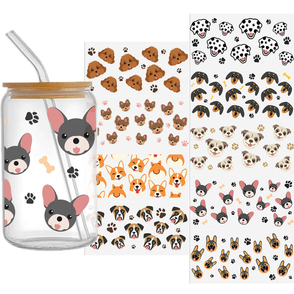 9pcs/set Waterproof new design cute animal dog series Sticker For 16oz Glass Cups,Uv Dtf Transfer Diy Crystal Label,Faith Cross Libbey Glass Wrap ,Vinyl Cup Wrap , gift wrapping Uv Stickers Diy Sticker For Glass Bottle-High Quality (11x24cm) 4.3inX