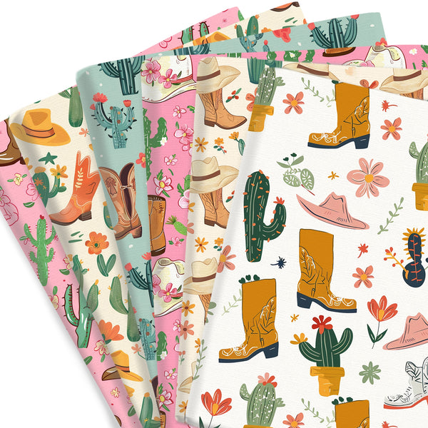 1pc Western-Inspired Series Boots Cactus Hat Pattern Quilting Fabric-17.7x19.68inch(45x50cm) Polyester Cotton Craft Fabrics DIY Handmade Projects Doll Clothes Fabric Precut For Patchwork Craft(108gsm)