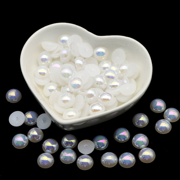 100pcs 10mm Half Round Flat Back Imitation Pearl Acrylic Beads Iridescent AB White Color Cabochons Ornaments for DIY Jewelry Making,Crafts Necklaces Bracelets Decorations Wedding Dress Nail Art,Garment Accessories and Special Embellishment Crafts