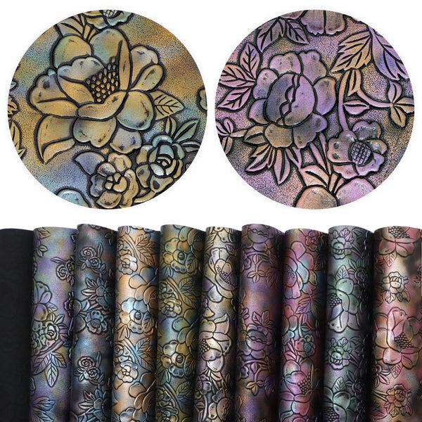 10Pcs Bump Textured Faux Leather Set Blossom Flowers 7.87x12.99inch Synthetic Leather Fabric Sheets Gradient Metallic Color for Earrings,Bags,Phone Case,Pencil Case,Wallet,Handbags,Making DIY Craft,Hair Accessories DIY Projects