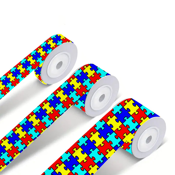 Multi-Size, Autism Awareness Grosgrain Ribbons, Puzzle Pieces Pattern Decor Ribbons 5 Yards, Autism Awareness Month Craft Ribbons for Gift Packaging DIY Supplies