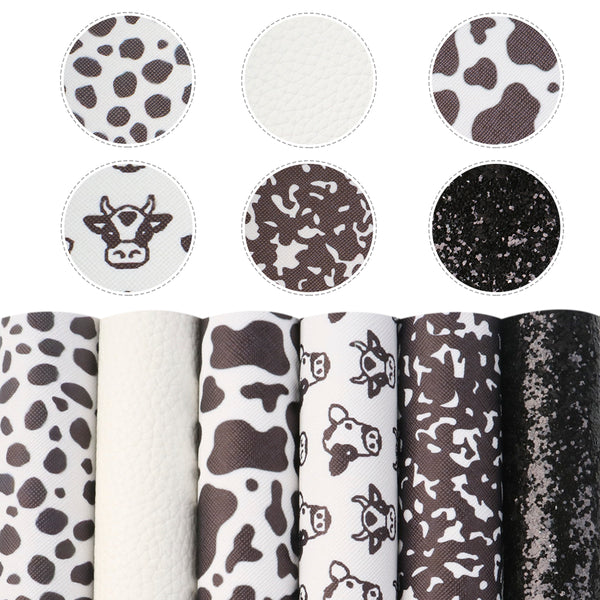 6Pcs Animal Cow Printed Faux Leather Set Shimmer Chunky Glitter Lychee Synthetic Leather Fabric 20x33cm for DIY Earrings Hair Bows Wallets Pouches Crafts Projects