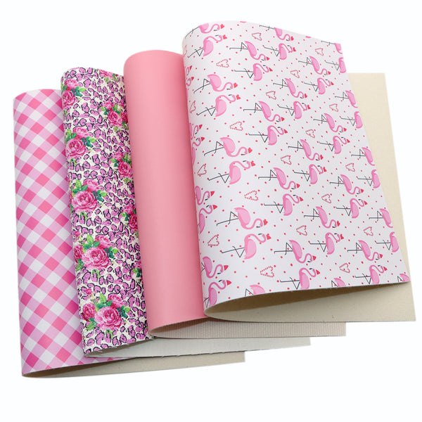 4cs/set Flamingo flower leopard Faux Synthetic Leather Set 7.7*12.9inch Fabric Sheets For DIY Bows Artificial Leather Crafts Handmade Material