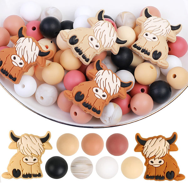 60 pcs Brown Cow Theme Silicone beads 12mm Round Beads Mixed set,or Jewelry Making DIY Handmade Bracelet Necklace Plastic Pen Beaded Key Bag Phone Chain Craft Supplies