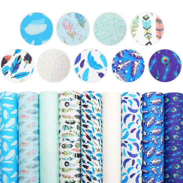 9pcs Animals Feather Printed Faux Leather Set 7.87x12.99inch Blue Series Synthetic Leather Fabric Sheets for Earrings,Bags,Phone Case,Pencil Case,Wallet,Handbags,Making DIY Craft,Hair Accessories DIY Projects