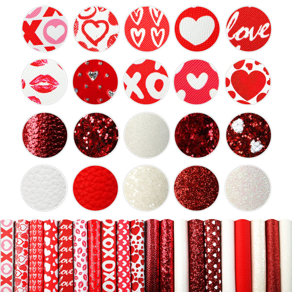 A5 Size Faux Leather Set Valentine's Day Heart Love Printed Synthetic Leather Fabric 20Pcs/set 15x21cm Solid Color Chunky Glitter for DIY Earrings Hair Bows Crafts Supply