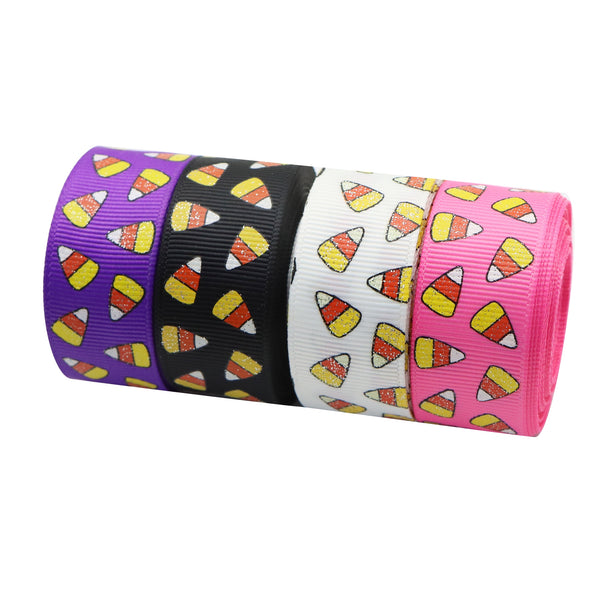 1pc,Halloween Candy Corn Print Glitter Grosgrain Ribbon Roll - 5 Yards 22mm/0.87inch for DIY Hair Bows, Wreaths, Gift Wrapping, Party Decoration, Headwear, Garment Decor and More